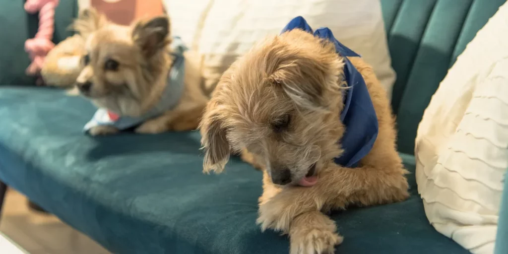 Dog self-soothing by licking its paw indoors