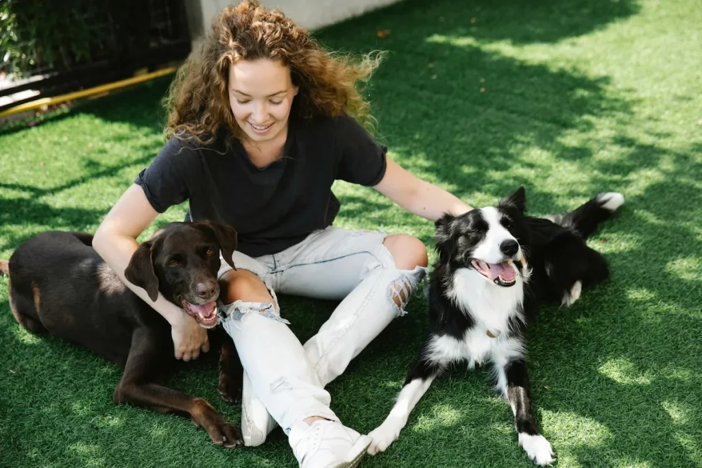 Happy dog cuddling with owner after overcoming anxiety