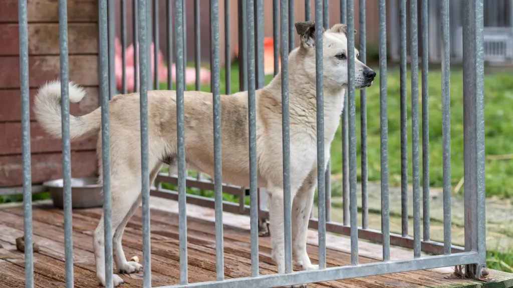 Shelter dog with anxious expression, possibly affected by past trauma